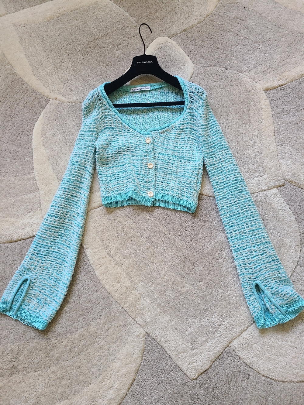 ACNE STUDIOS Cropped Crochet Knit Cardigan Top in Blue - Size Small